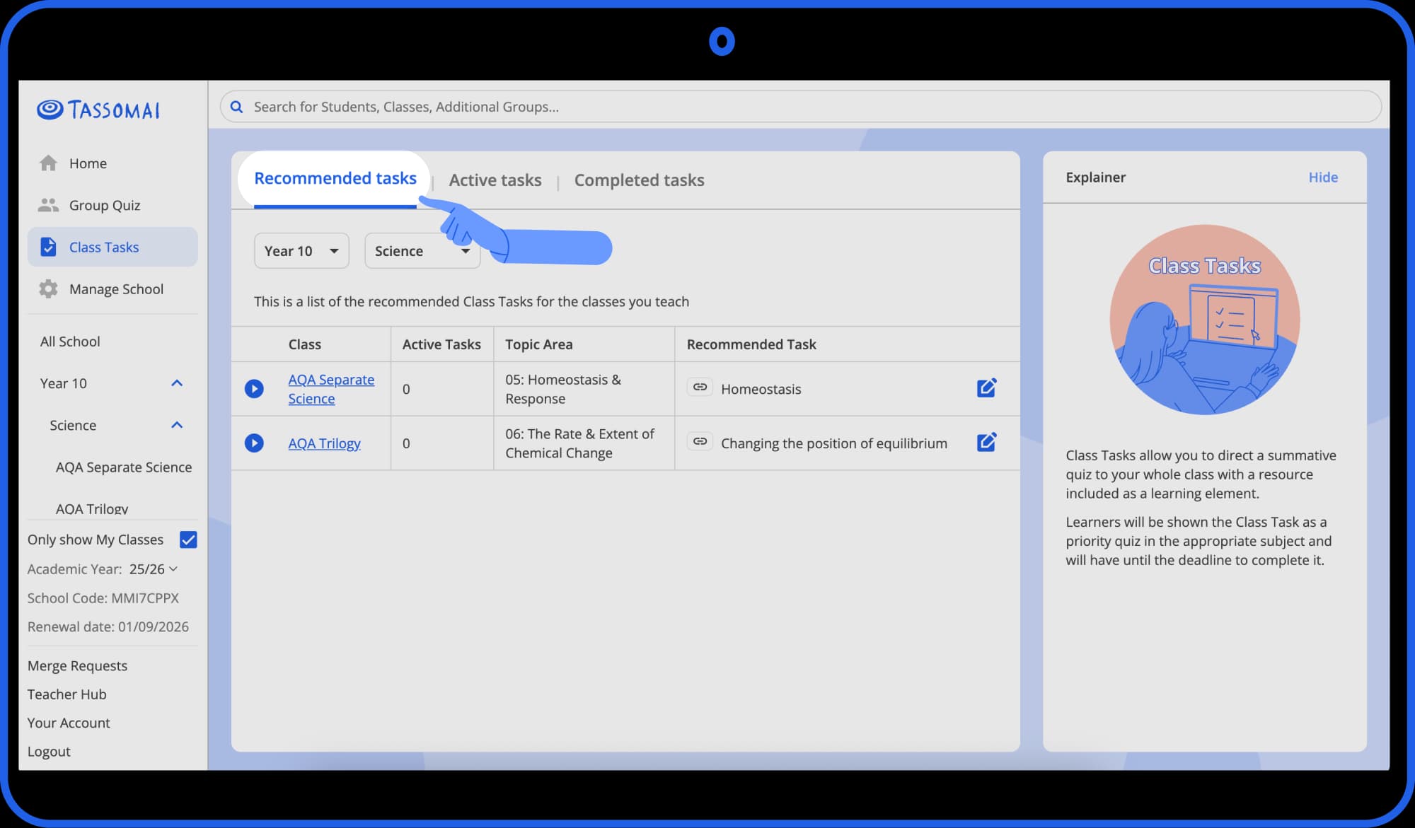 Teacher Dashboard screenshot showing smart topic recommendations for a class