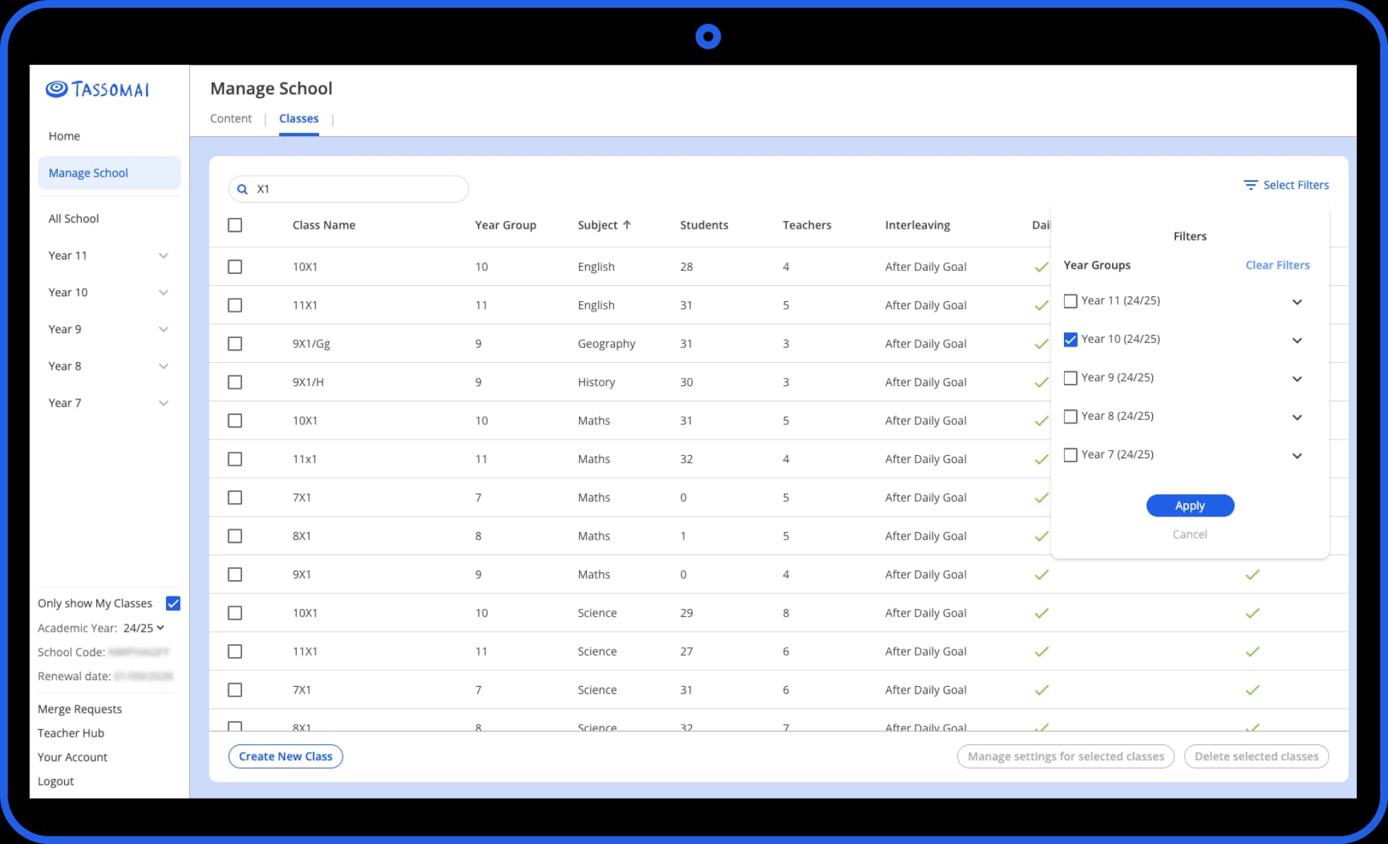 Class management screen listing all classes at a school
