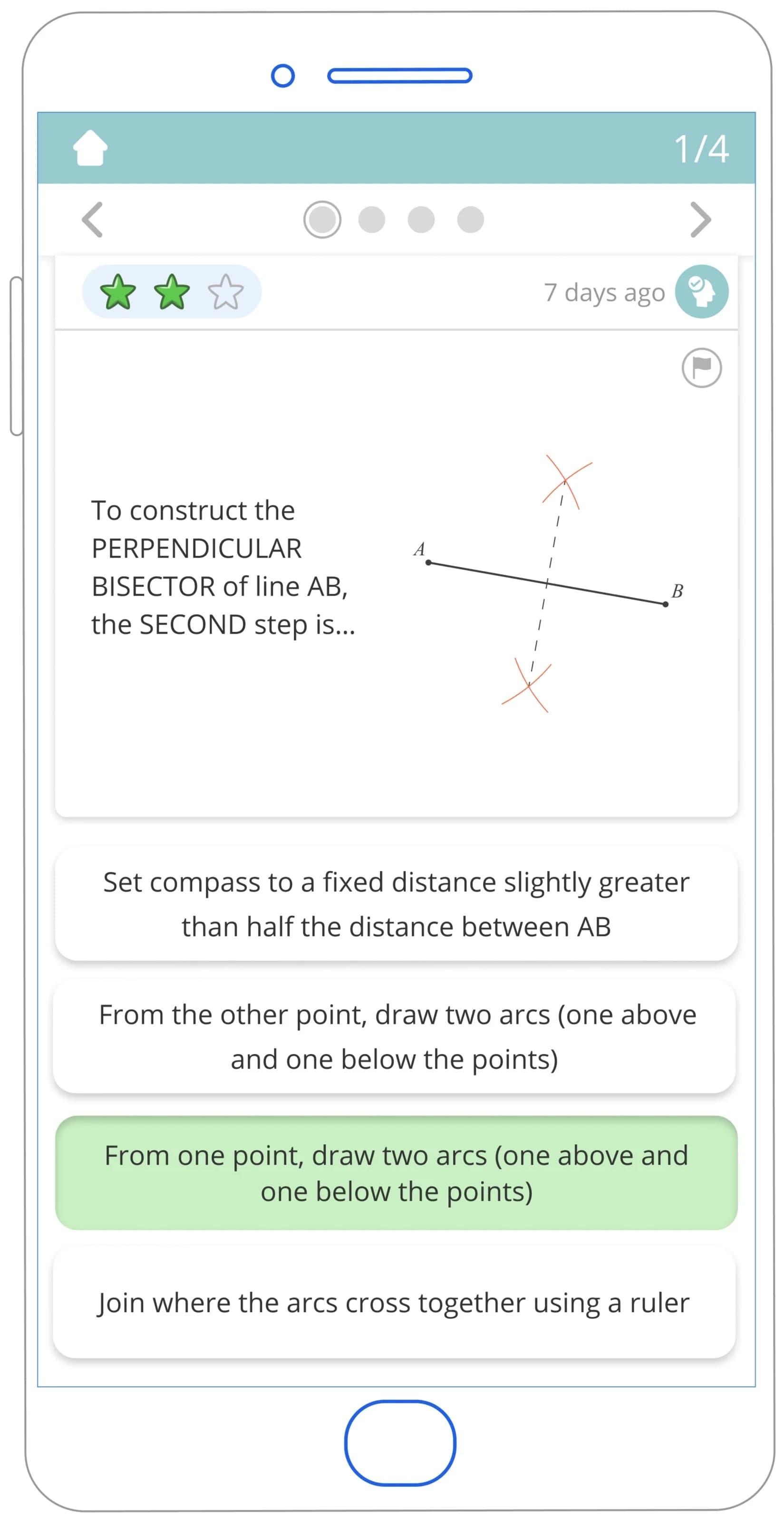 Tassomai app on a phone showing a question about constructing the perpendicular bisector of line AB
