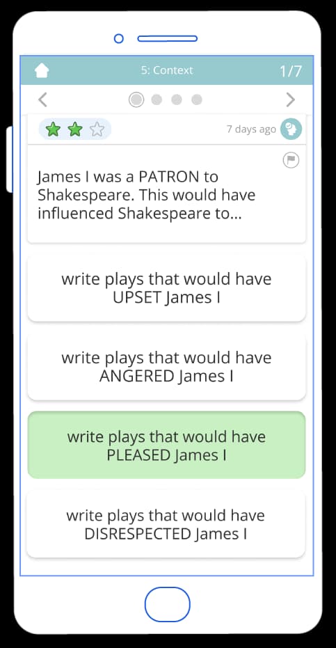 Tassomai English literature question on a phone: a Context question about James I as Shakespeare's patron
