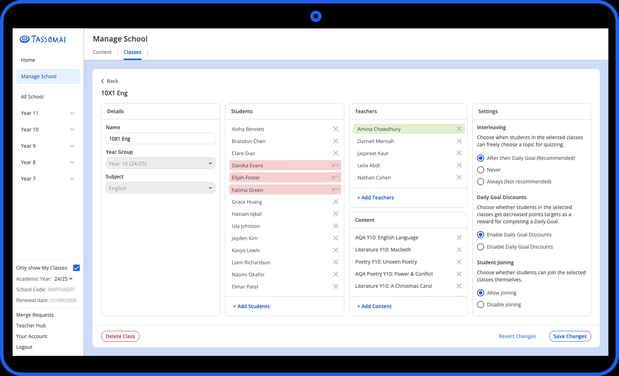 Editing an individual class on the Teacher Dashboard
