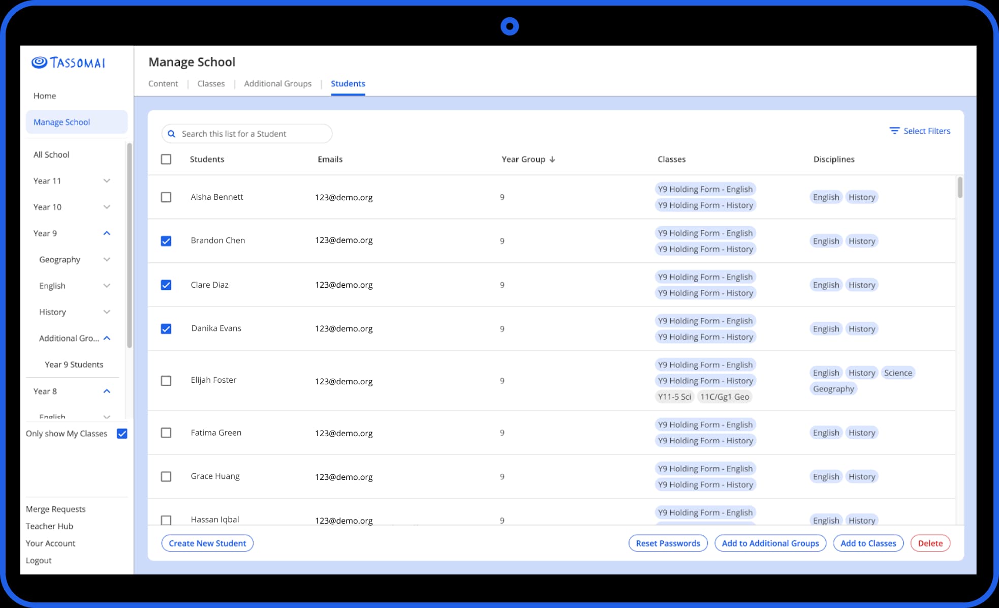 All Students screen on the Teacher Dashboard listing every learner in the school