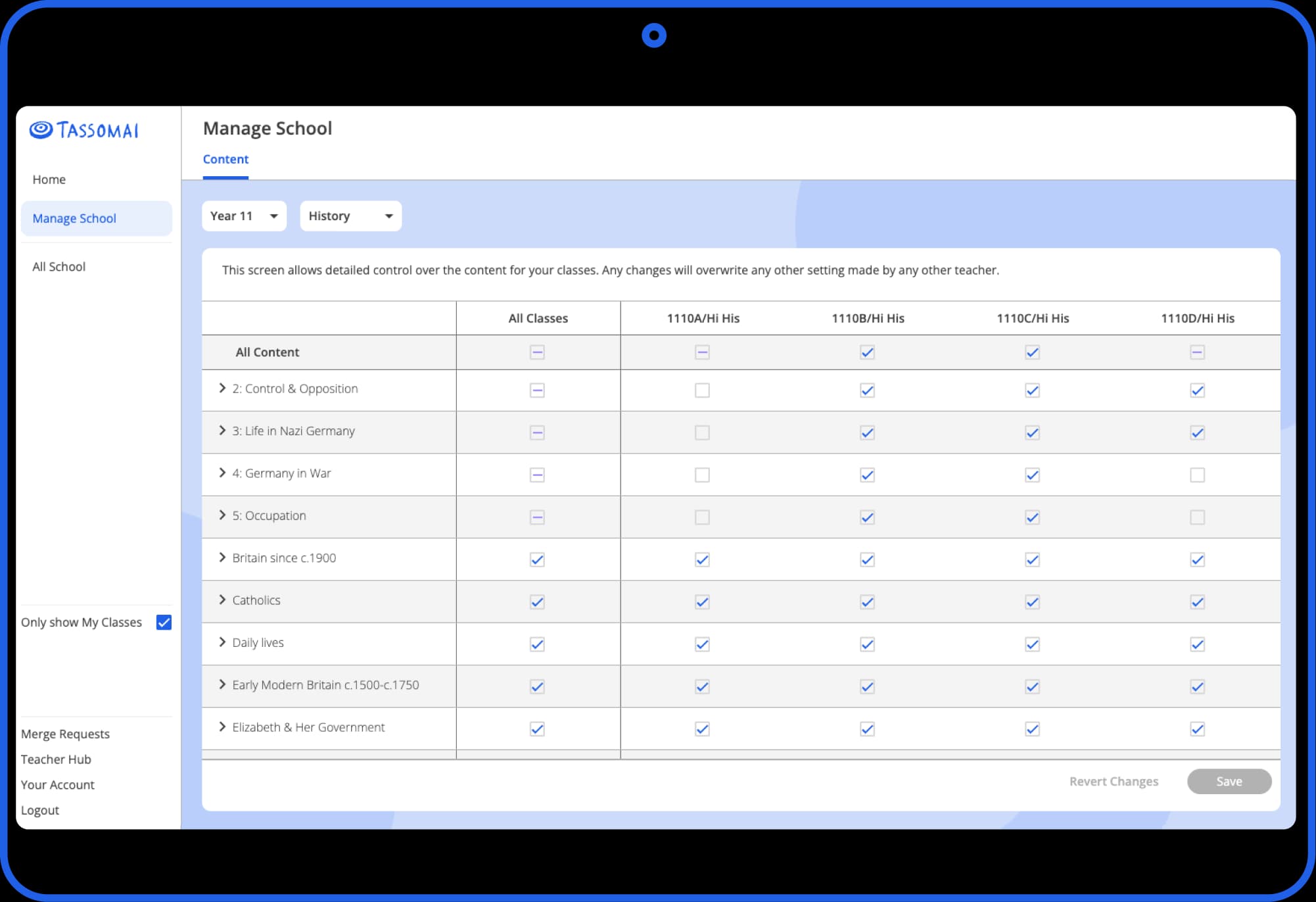 Manage School view: year group content table listing topics and classes