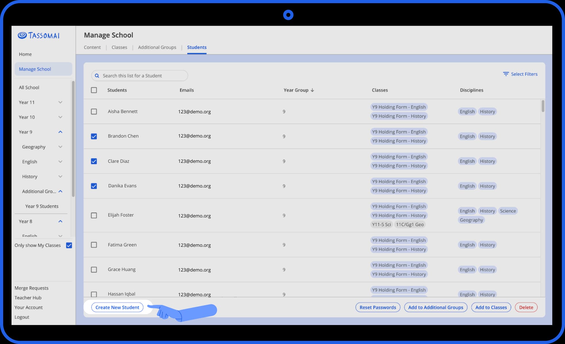 Creating a new learner account from the All Students screen