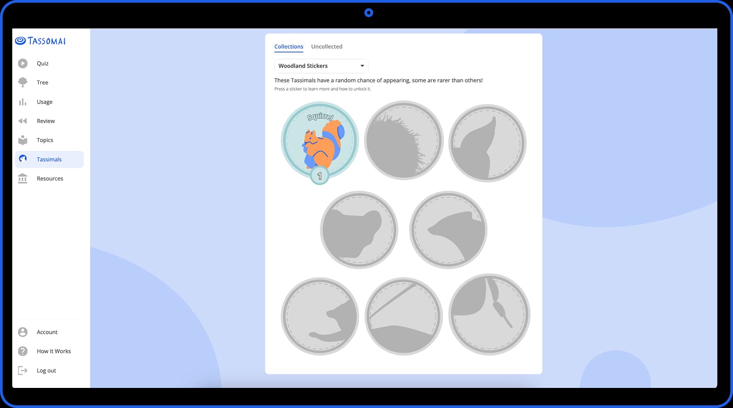 Tassomai student dashboard showing Tassimals stickers