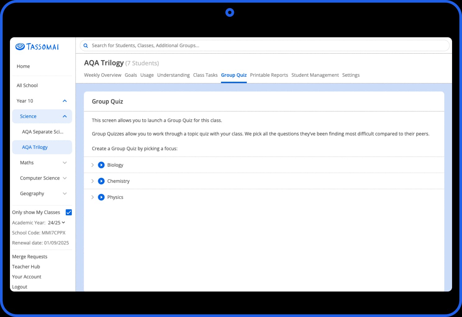 Group Quiz set-up screen: choosing the class and topic
