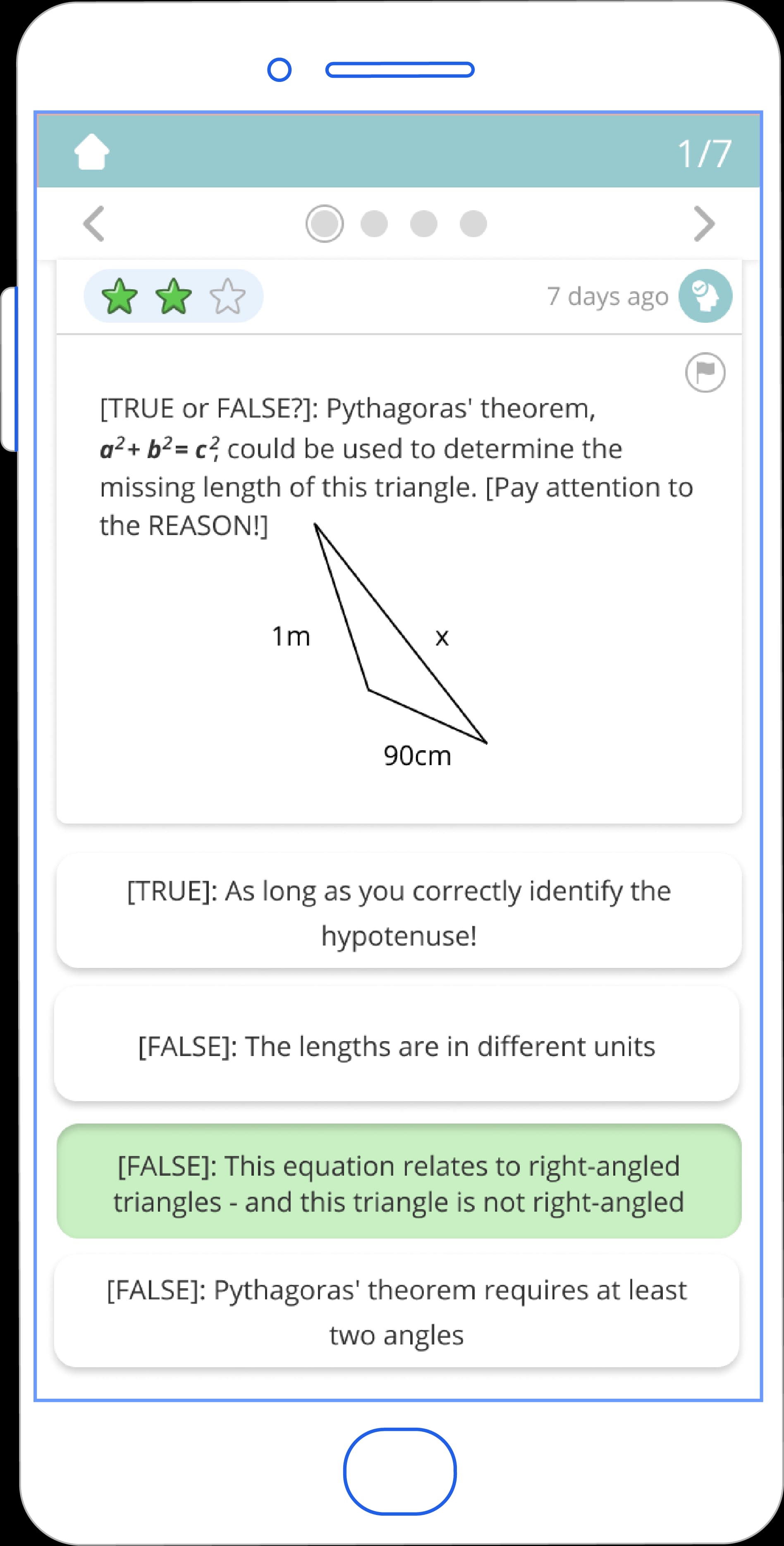 Tassomai maths quiz on a phone: a true or false question about using Pythagoras' theorem