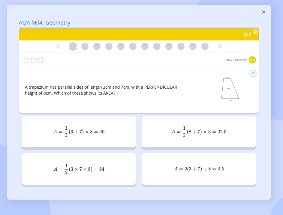 Tassomai quiz question on the area of a trapezium with parallel sides of 3cm and 7cm