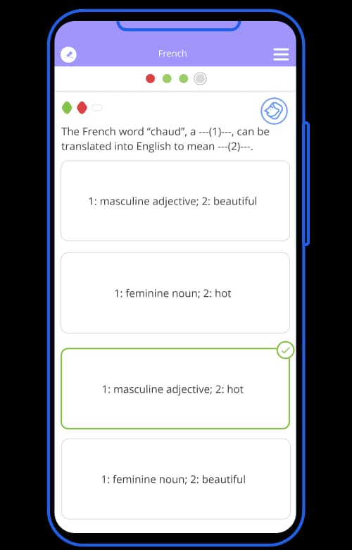 Sample French question from the Tassomai app