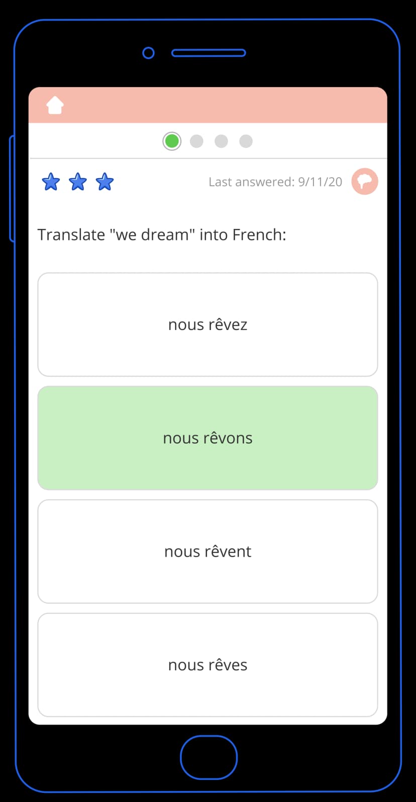 Sample French question from the Tassomai app