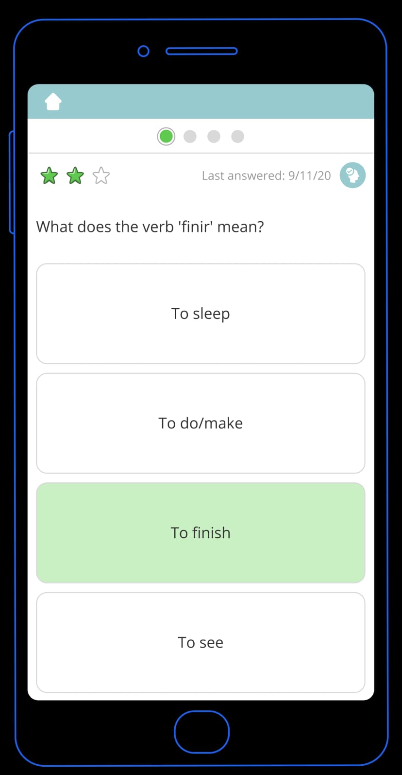 Sample French question from the Tassomai app