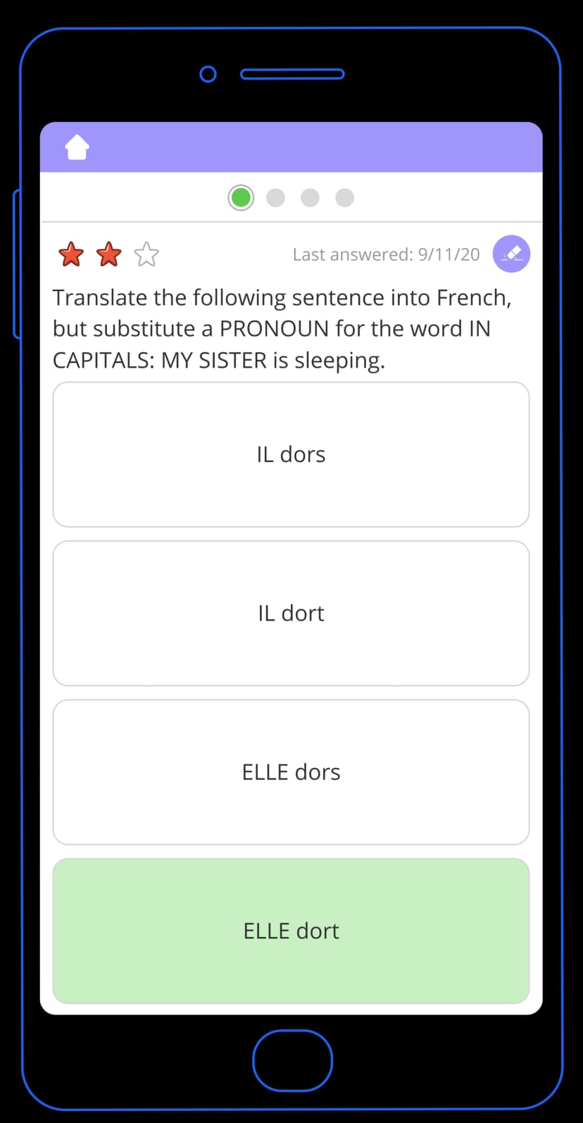 Sample French question from the Tassomai app