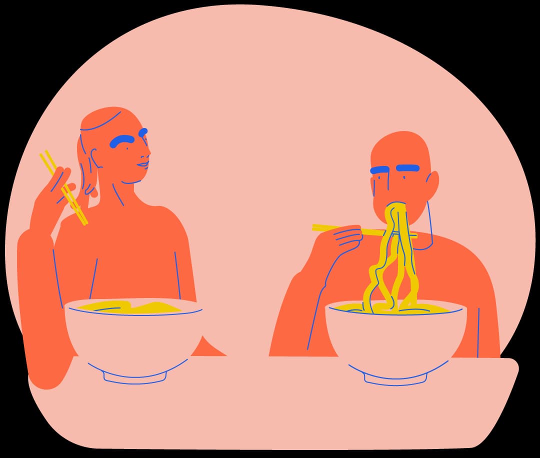 Illustration of two people sharing a bowl of ramen