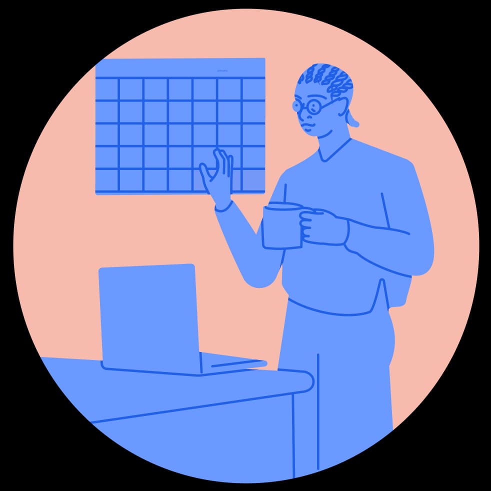 Illustration of a parents looking at a calendar, drinking from a cup and planning for the new year