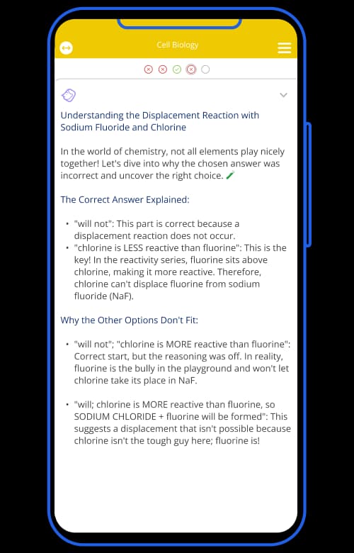 Mai's explanation of the displacement reaction answer, shown in the Tassomai app