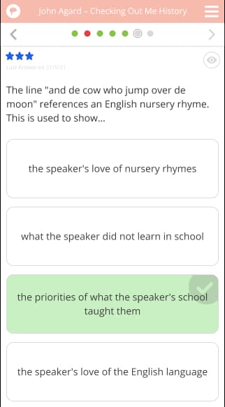 Tassomai quiz question about John Agard's Checking Out Me History