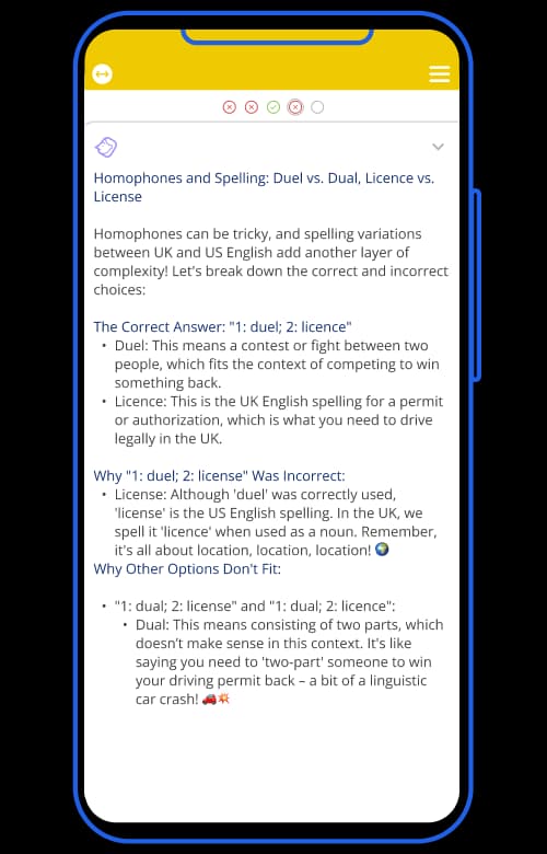 Mai's explanation of the homophones question, shown in the Tassomai app
