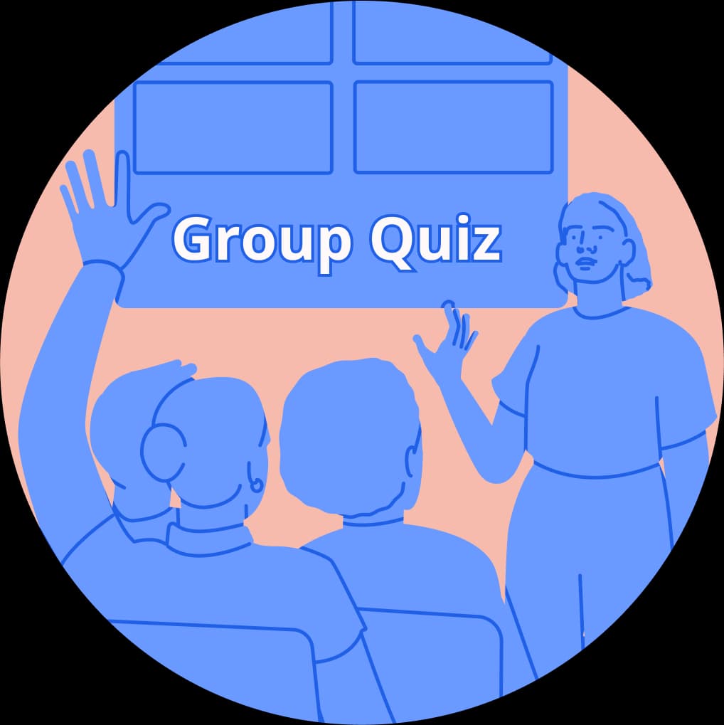 Illustration of a teacher running a Group Quiz on a classroom screen