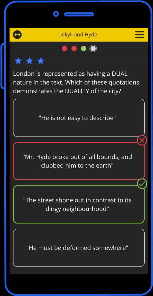 A Jekyll and Hyde quiz question answered in dark mode on a phone