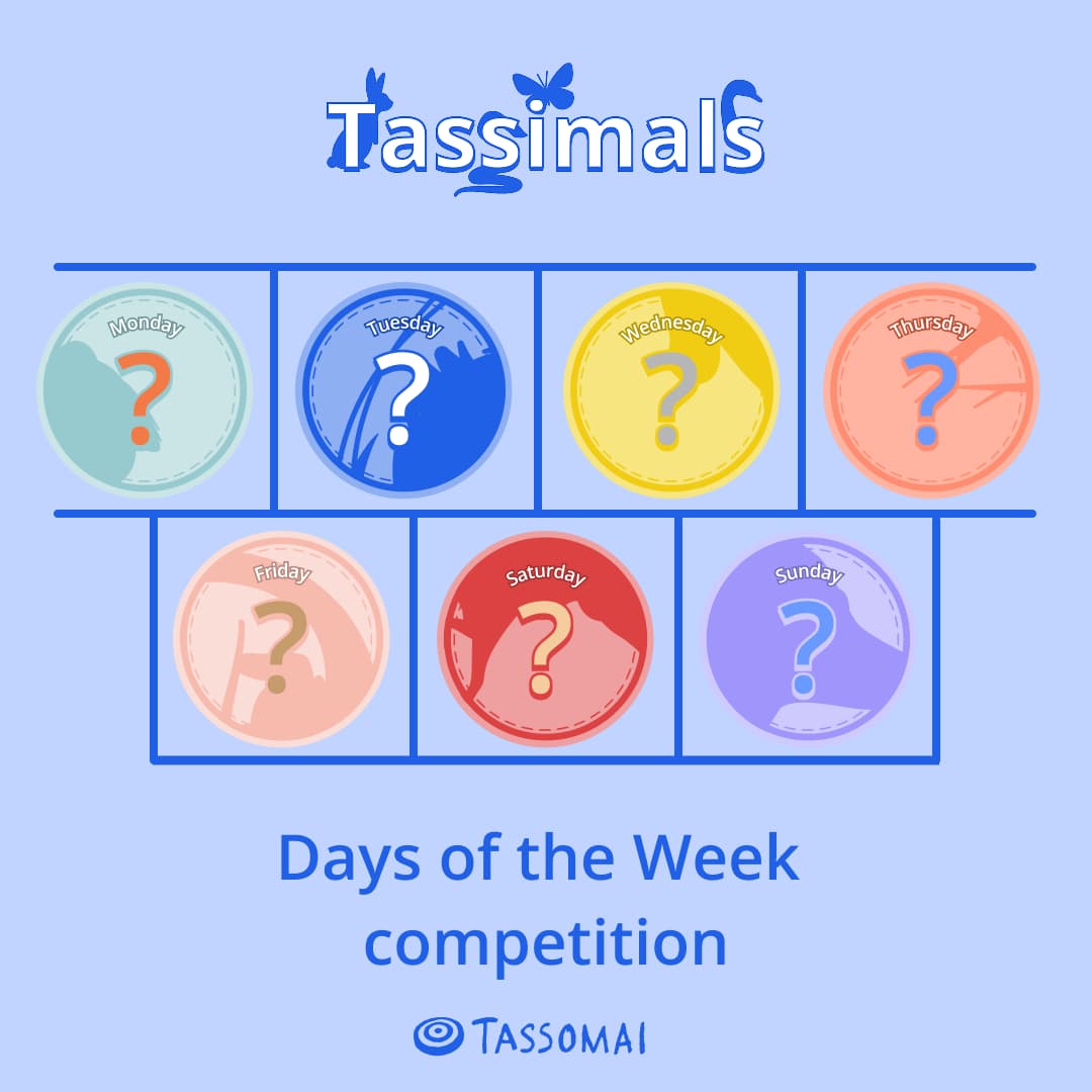 Days of the Week competition poster showing all seven hidden Tassimal stickers