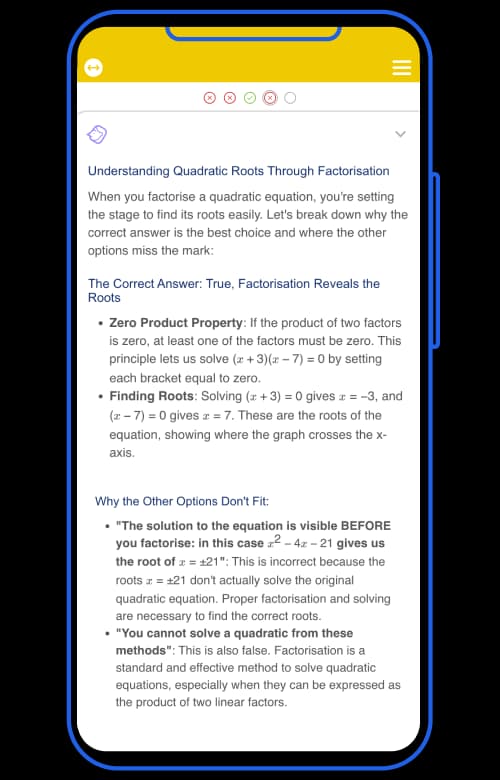 Mai's explanation of the quadratic equation answer, shown in the Tassomai app