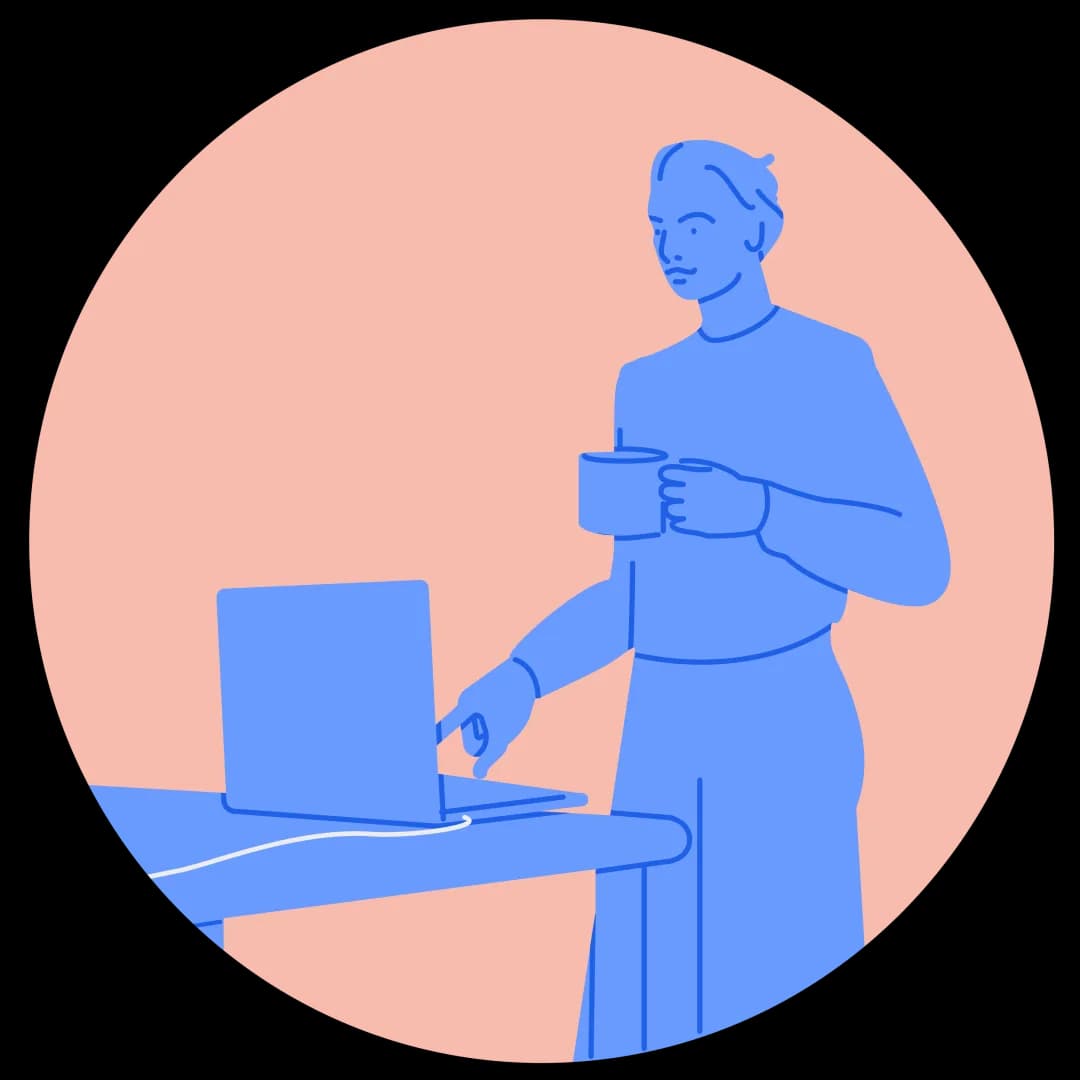 Illustration of a parent with a mug looking at a laptop