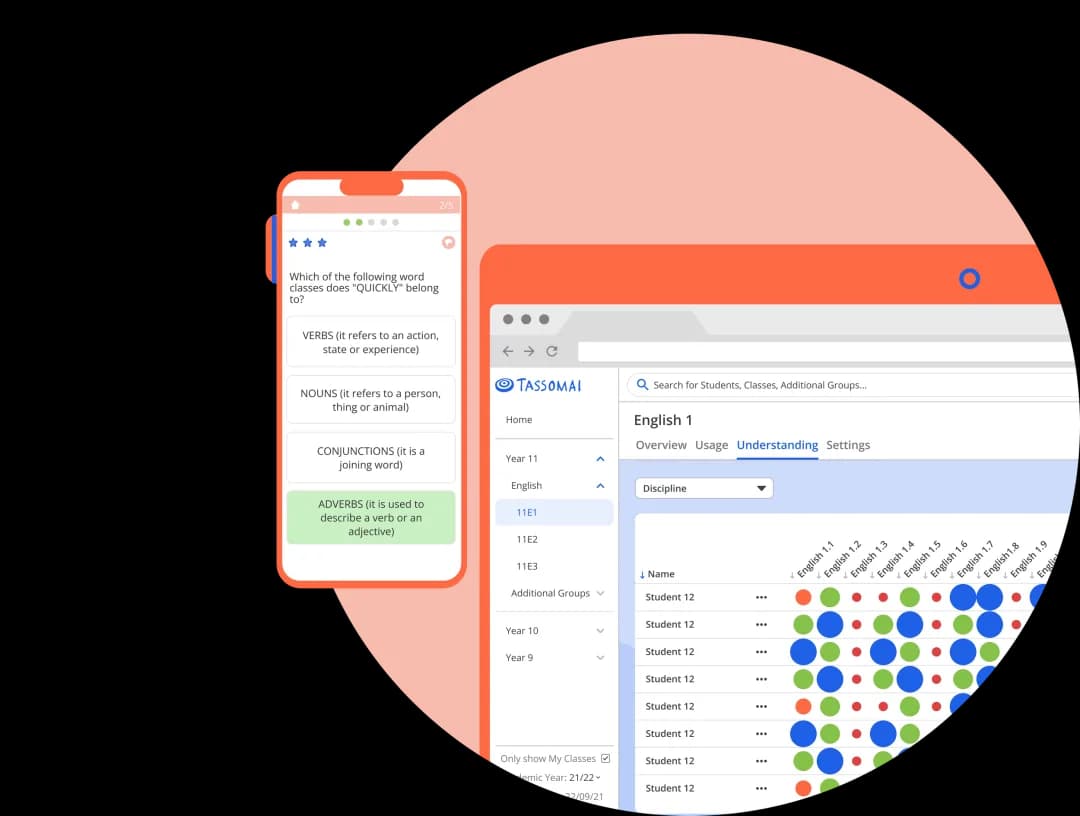 Illustration of the Tassomai dashboard on mobile and laptop