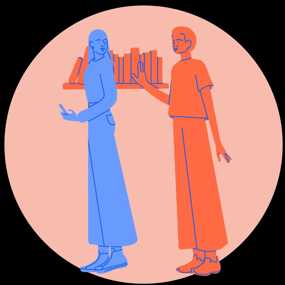 Illustration of two students talking in front of a bookshelf