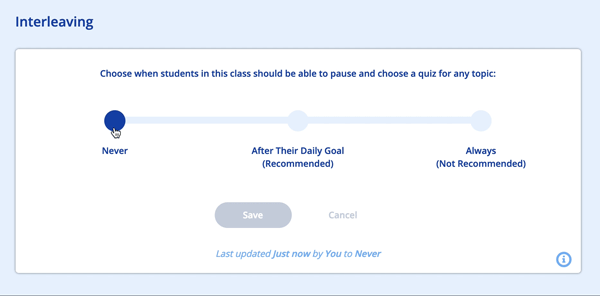 Animation of the class setting for when students can take quizzes from the Subjects tab