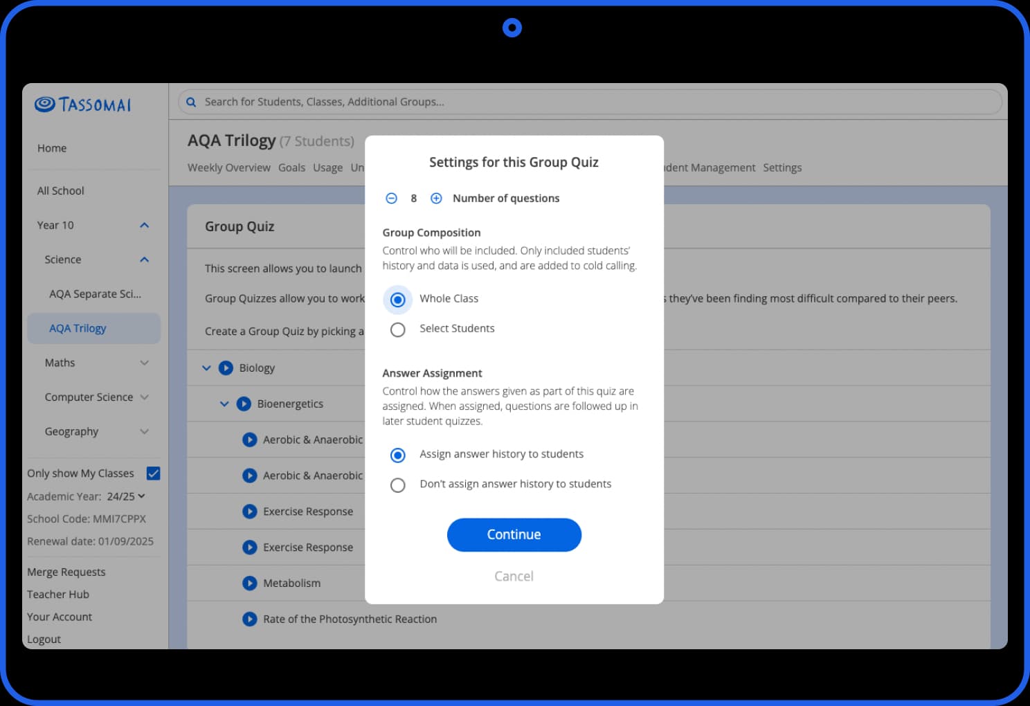 Setting a Group Quiz for a class or a group of students in the Teacher Dashboard