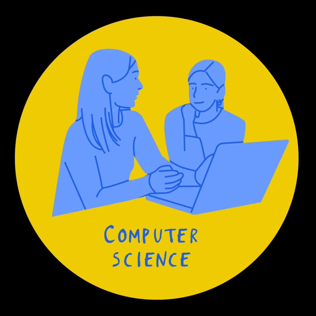 Computer science course illustration: two students at laptops
