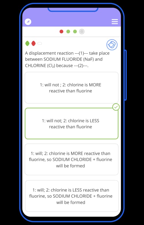 A Tassomai quiz question about displacement reactions between sodium fluoride and chlorine