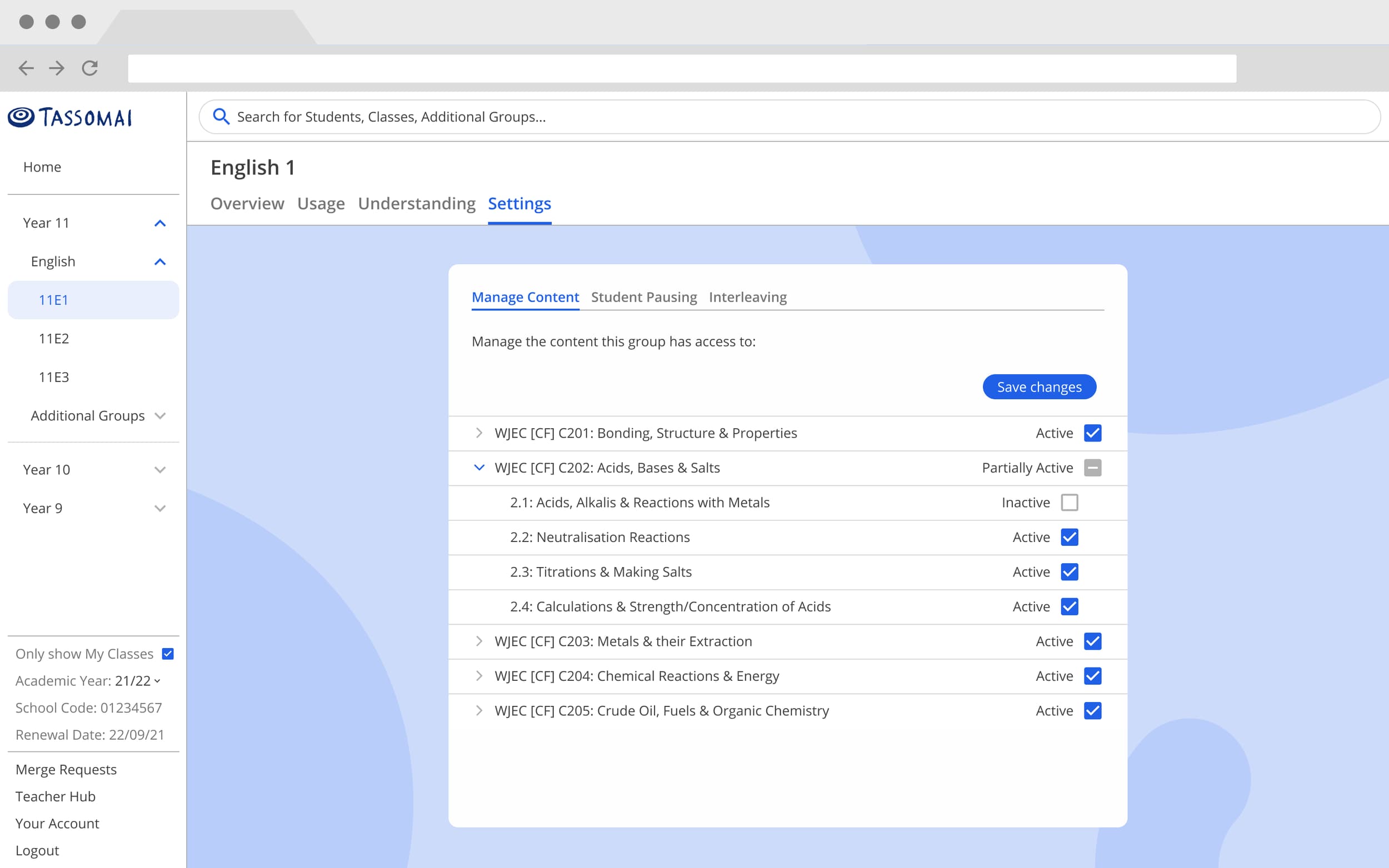 The Manage Content tab on the Tassomai Teacher Dashboard