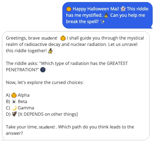 The spooky Halloween version of Mai shown to students in a quiz