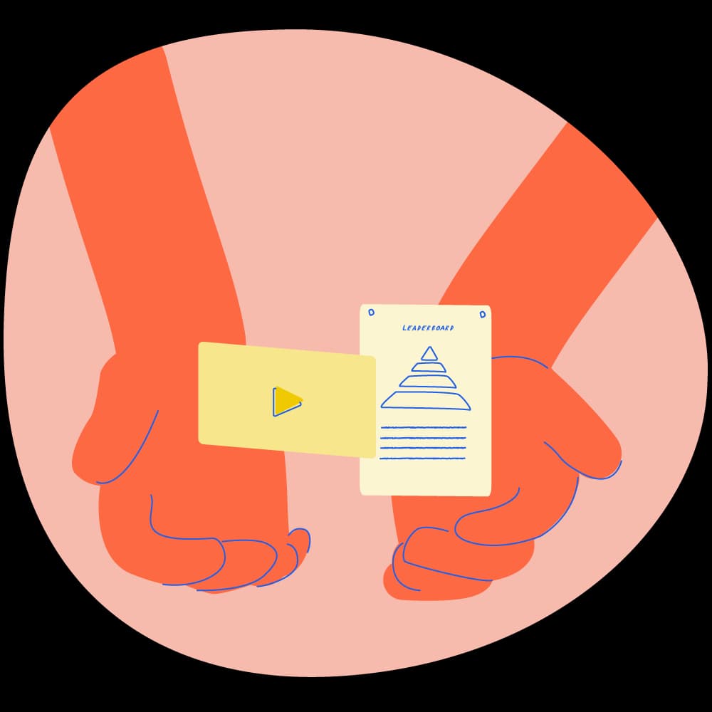 Illustration of hands holding a video and a leaderboard, the resources in the Teacher Hub