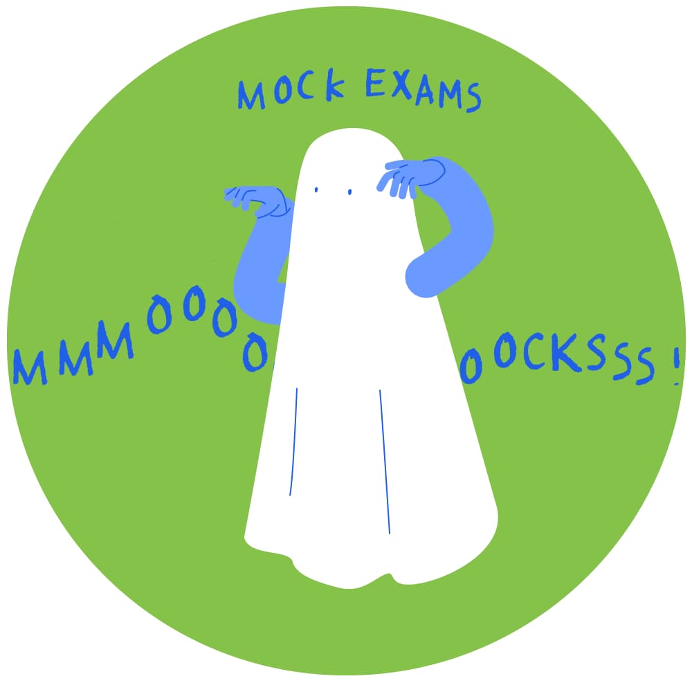 Cartoon ghost wailing "mooocks", with the words Mock exams around it