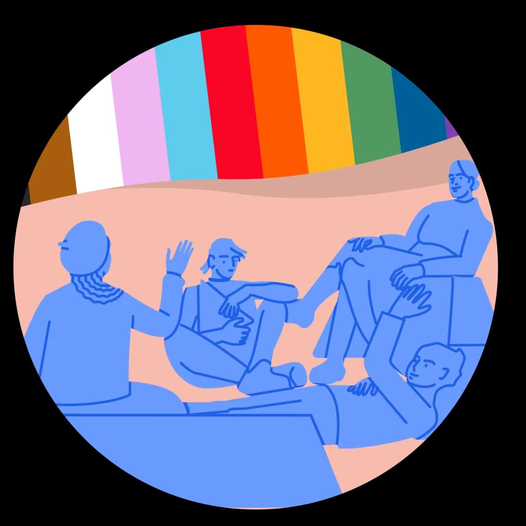Illustration of colleagues sitting together in front of a progress Pride flag