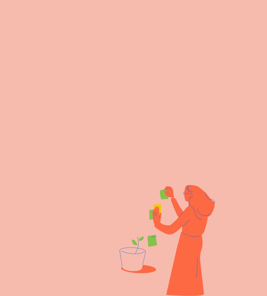 Illustration of a teacher arranging sticky notes above a growing plant