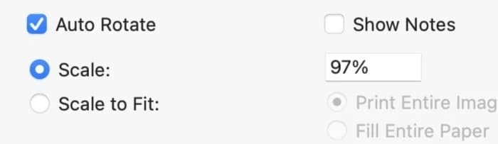 Print dialog with the scale option checked