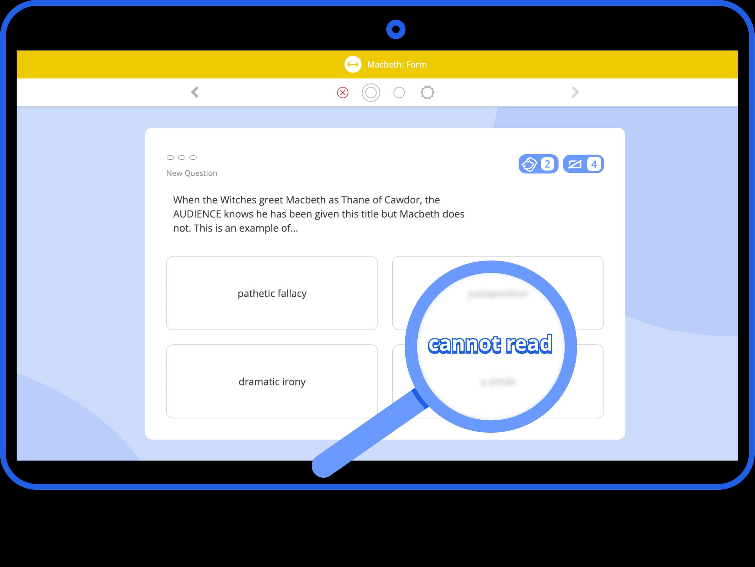 Tassomai quiz in the secure app with an unreadable question under a magnifying glass